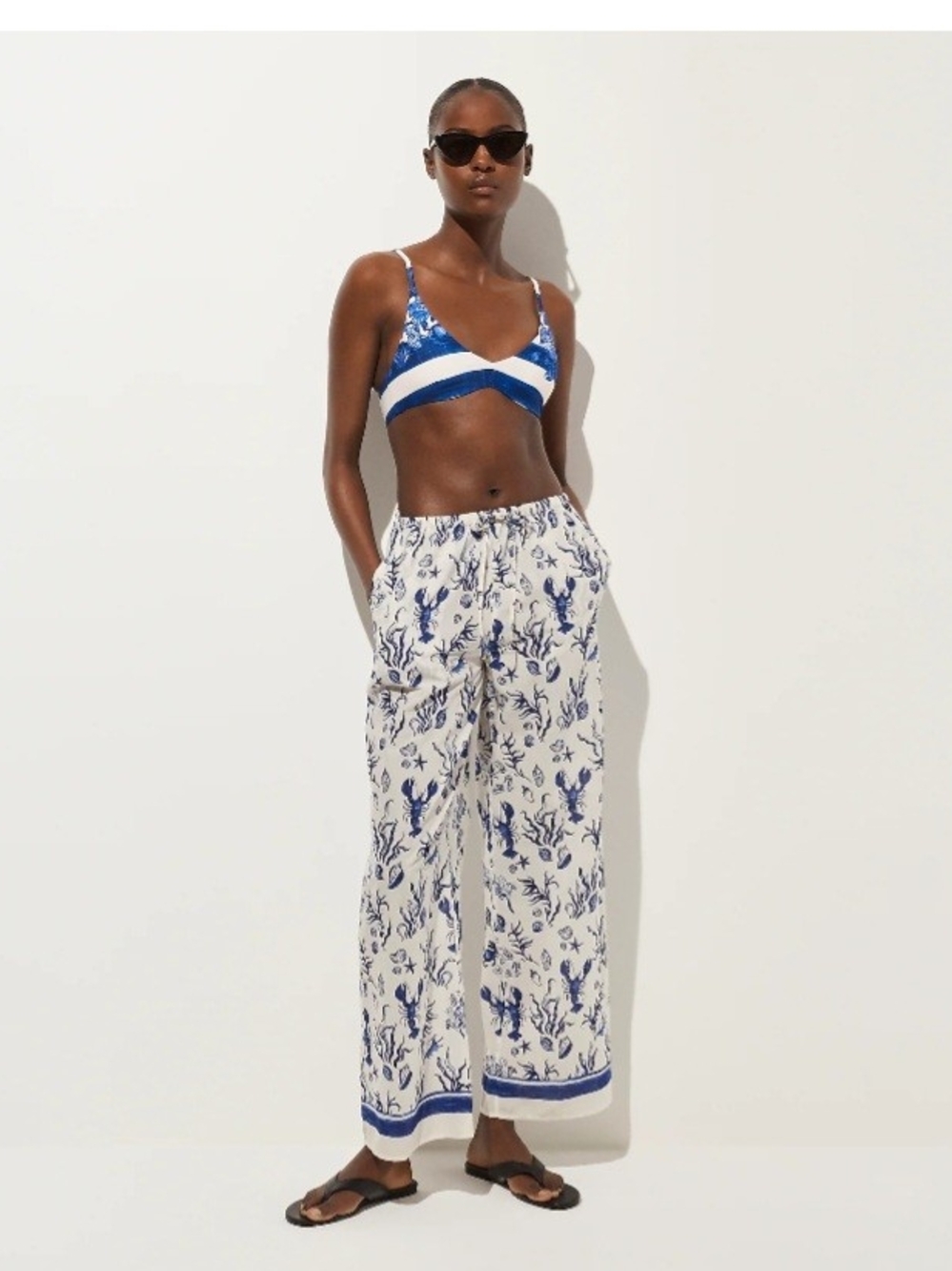 J. Crew Blue and White Wide-Leg Seashell ,lobster Print Pants